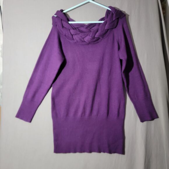 Venus Purple Tunic Sweater Dress Size Large Braided Neck Winterwear Work Chic - Picture 9 of 10